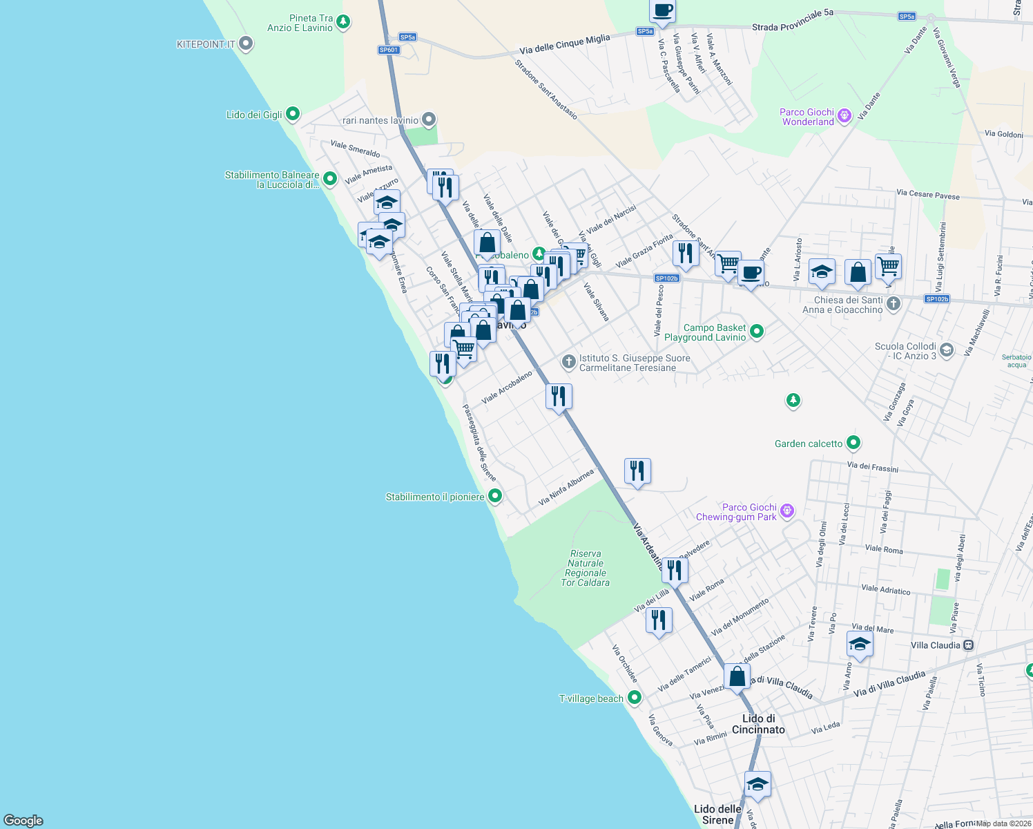 map of restaurants, bars, coffee shops, grocery stores, and more near 21 Viale del Sole in Anzio