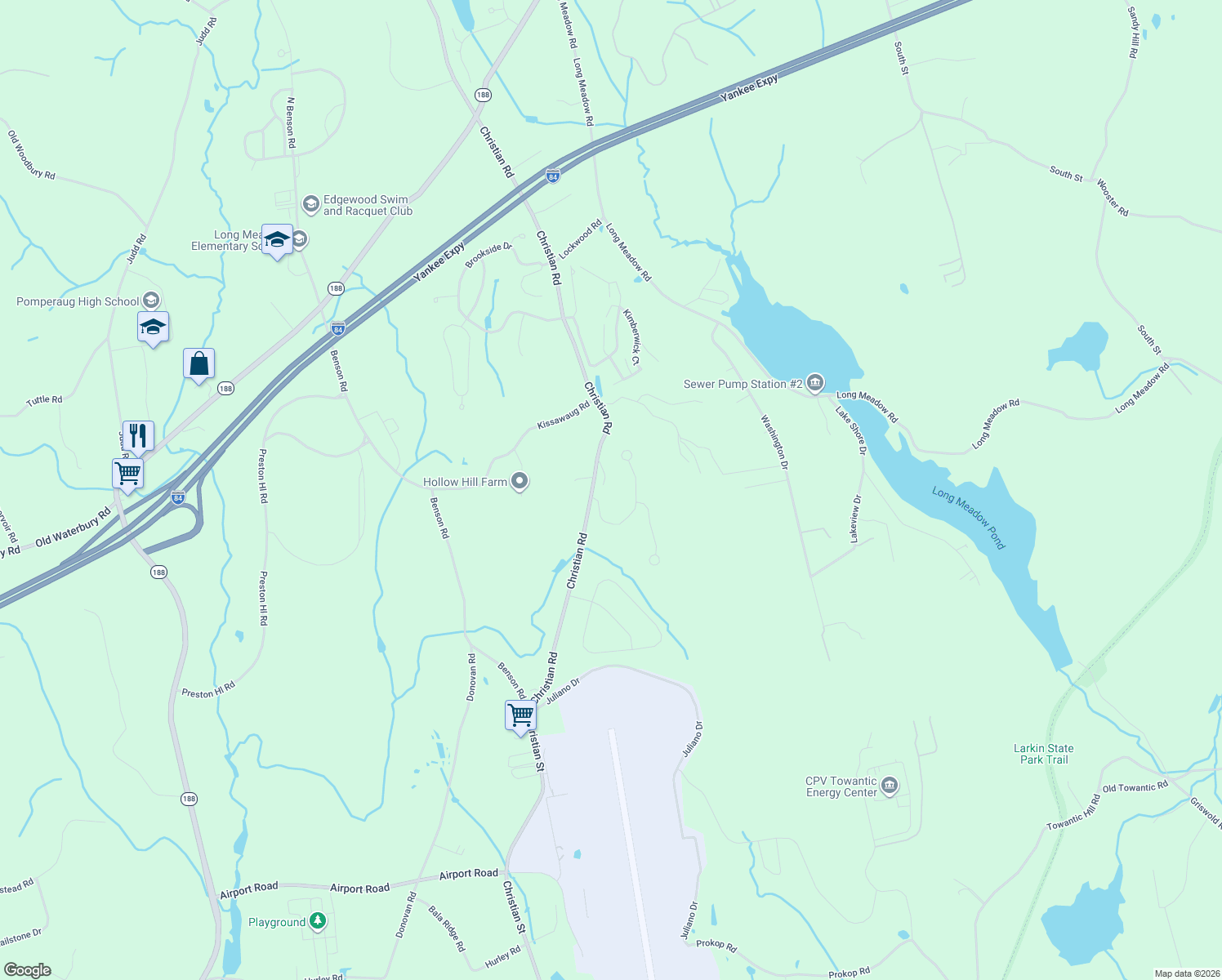 map of restaurants, bars, coffee shops, grocery stores, and more near 1180 Christian Road in Middlebury