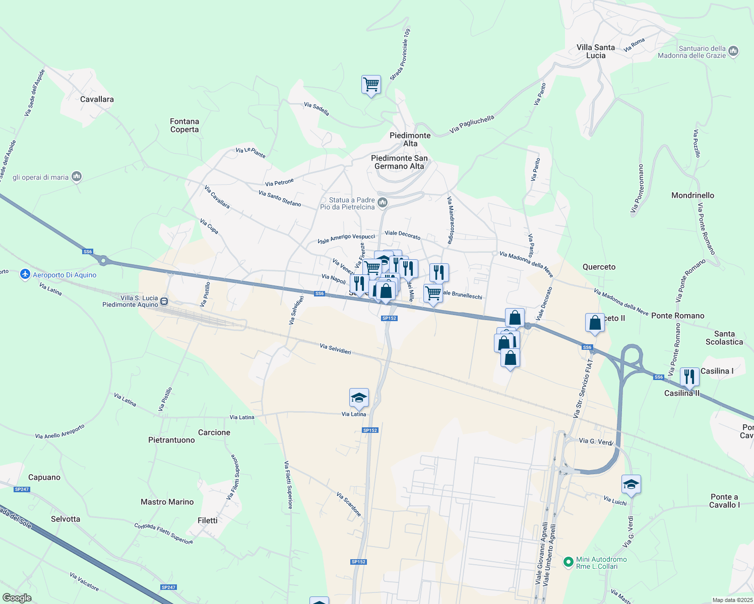 map of restaurants, bars, coffee shops, grocery stores, and more near Via Casilina in Frosinone