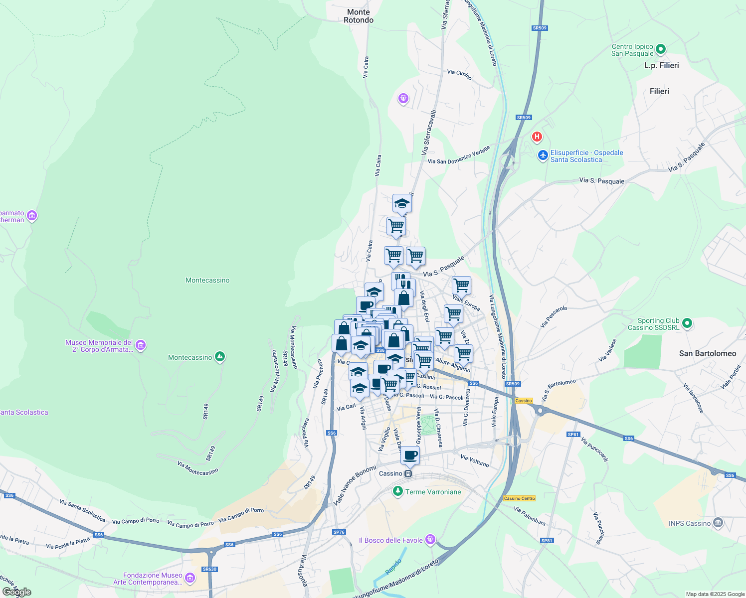 map of restaurants, bars, coffee shops, grocery stores, and more near 29 Via del Foro in Cassino
