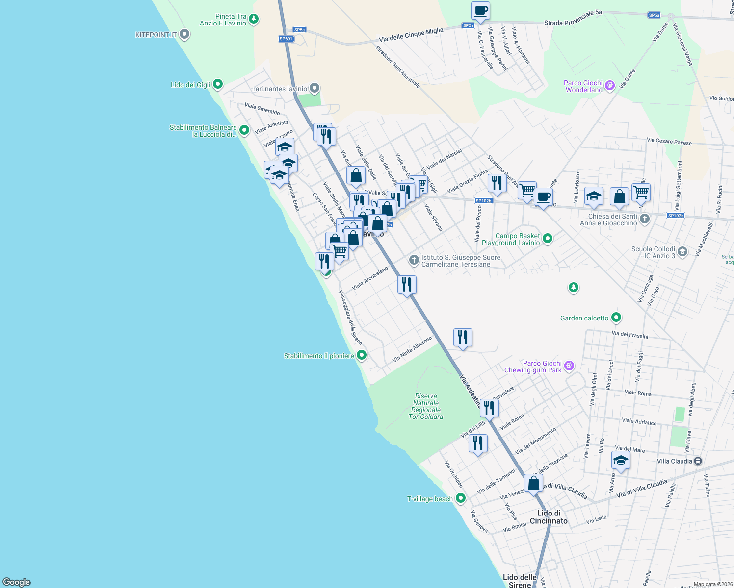 map of restaurants, bars, coffee shops, grocery stores, and more near 27B Viale del Sole in Anzio