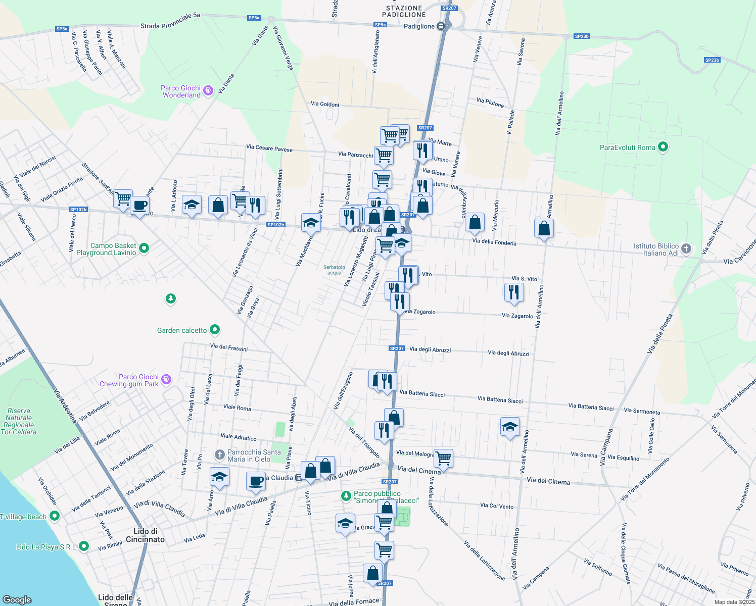 map of restaurants, bars, coffee shops, grocery stores, and more near 37 Via Massimo D'Azeglio in Anzio