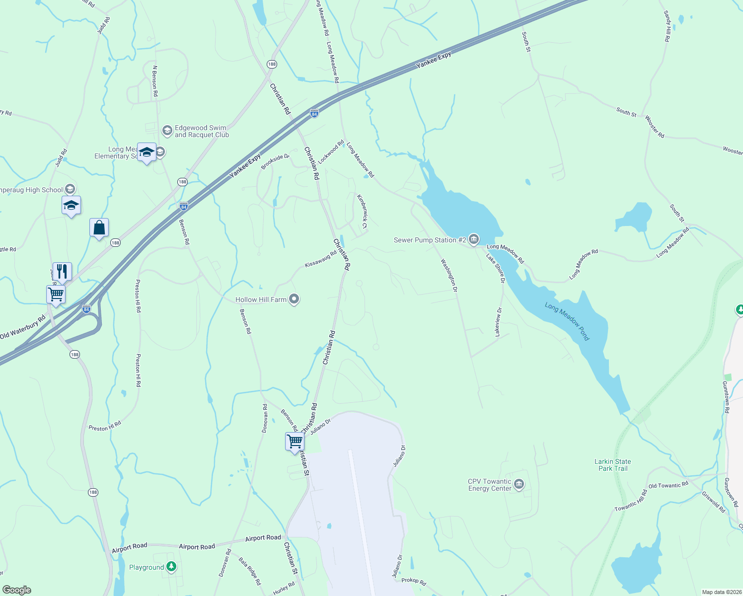 map of restaurants, bars, coffee shops, grocery stores, and more near 1180 Christian Road in Middlebury