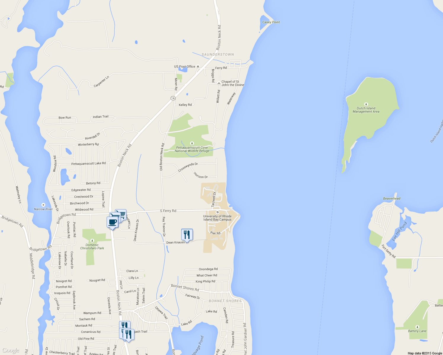 map of restaurants, bars, coffee shops, grocery stores, and more near 11 Sea Ridge Dr in Narragansett