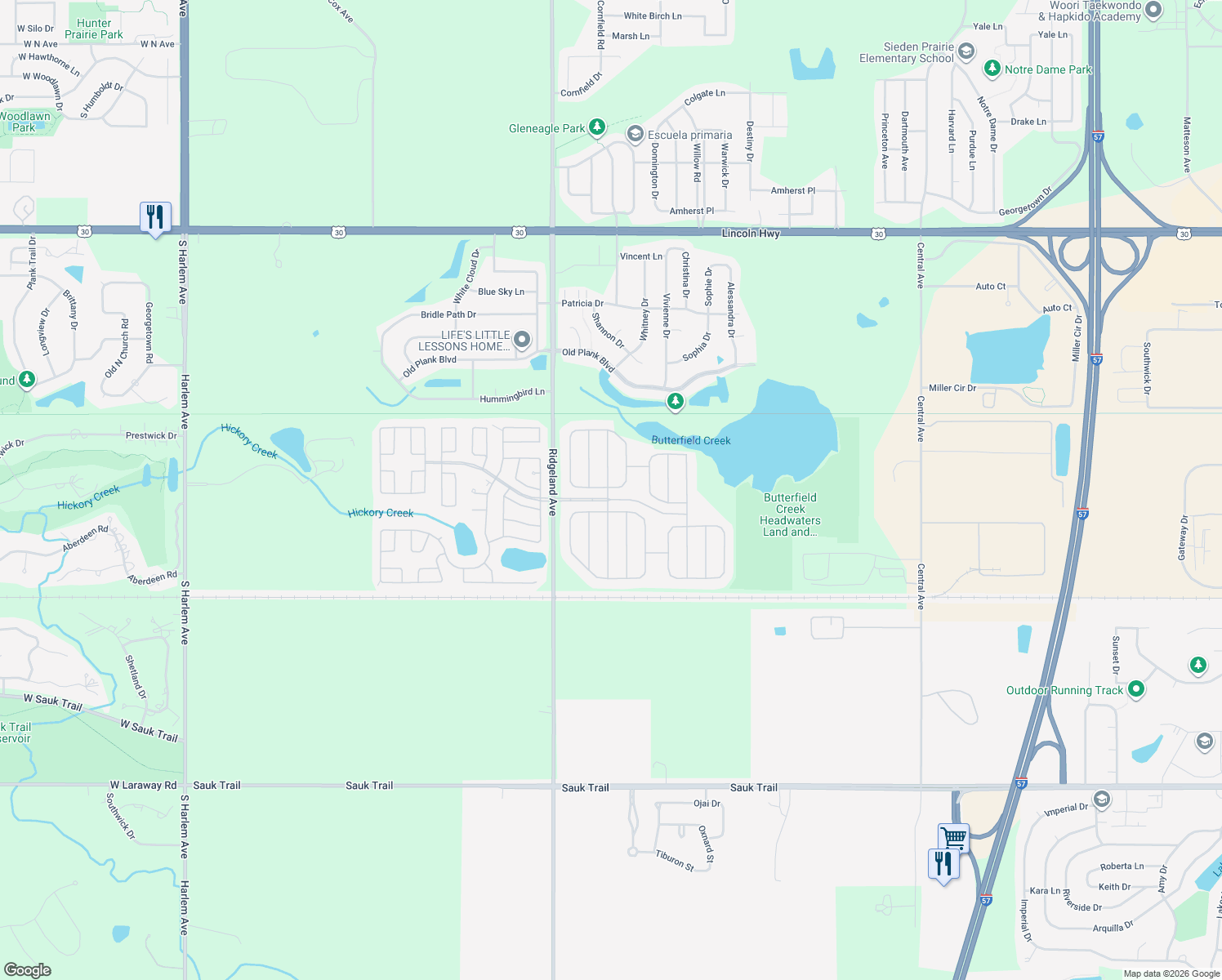 map of restaurants, bars, coffee shops, grocery stores, and more near 105 Petunia Circle in Matteson