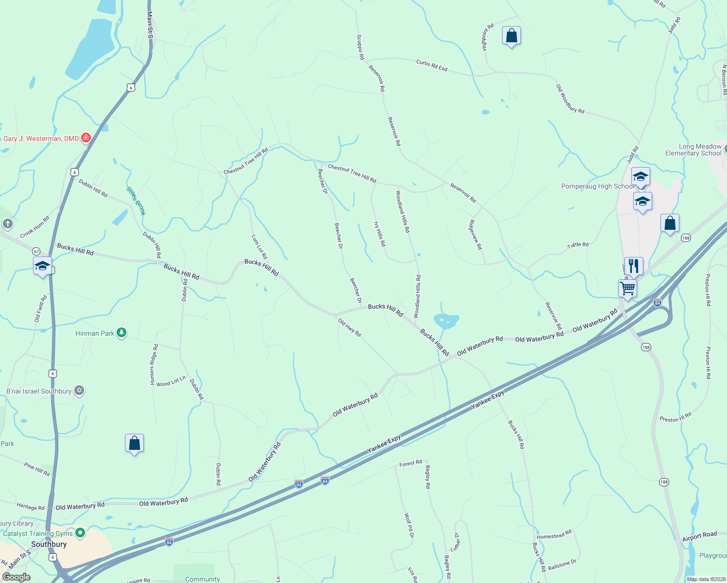 map of restaurants, bars, coffee shops, grocery stores, and more near 333 Beecher Drive in Southbury