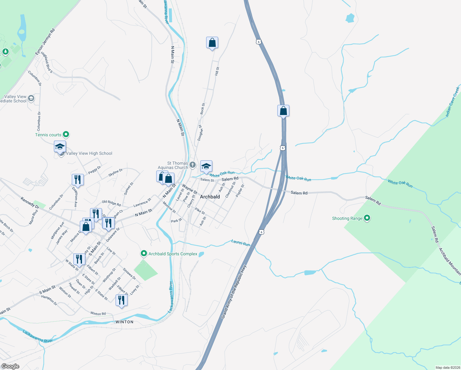 map of restaurants, bars, coffee shops, grocery stores, and more near 196 Chestnut St in Archbald