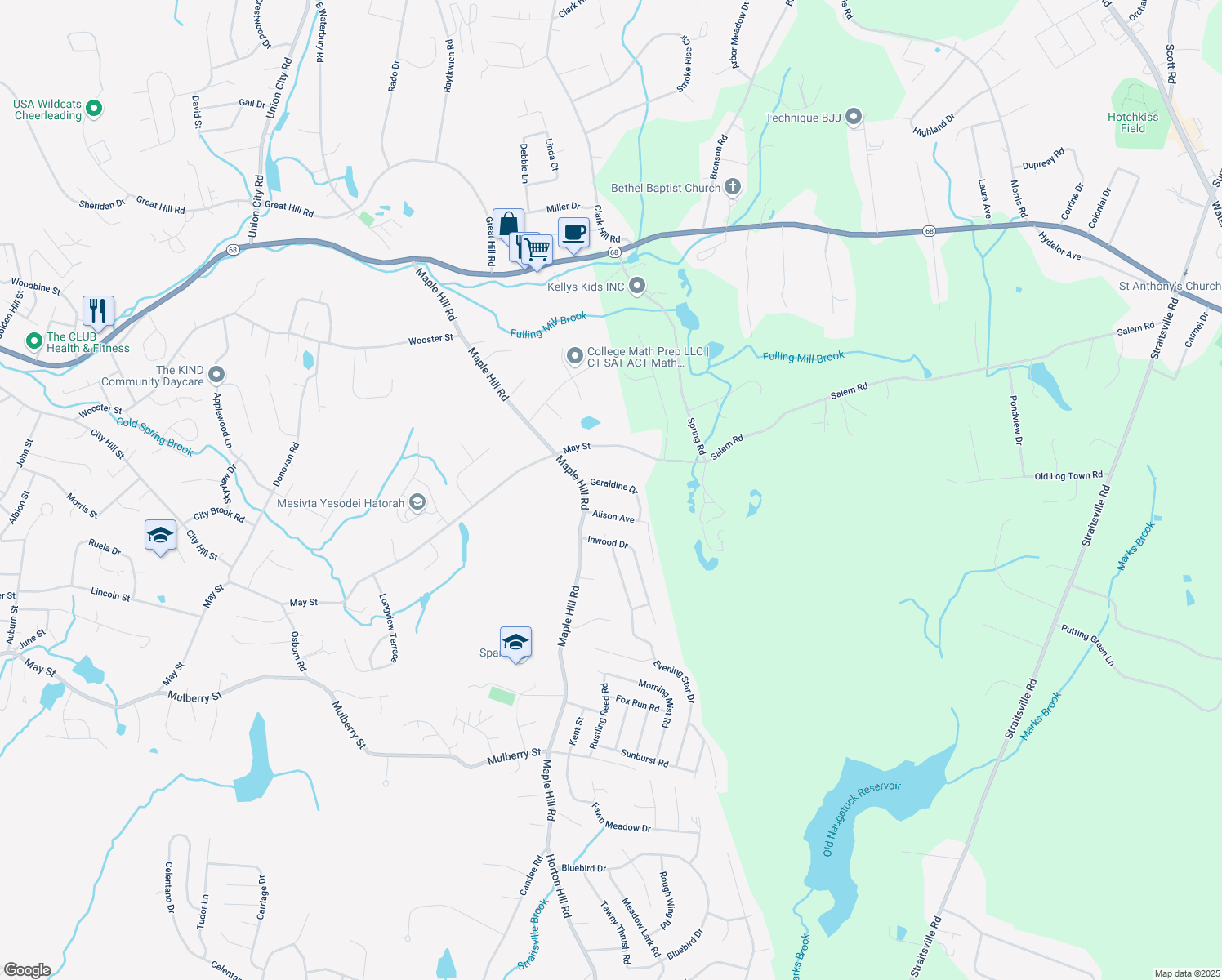 map of restaurants, bars, coffee shops, grocery stores, and more near 41 Geraldine Drive in Naugatuck
