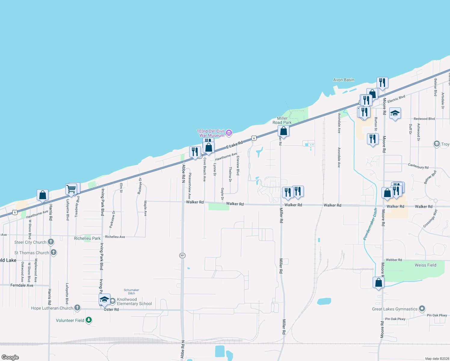 map of restaurants, bars, coffee shops, grocery stores, and more near 327 Gayle Dr in Sheffield Lake