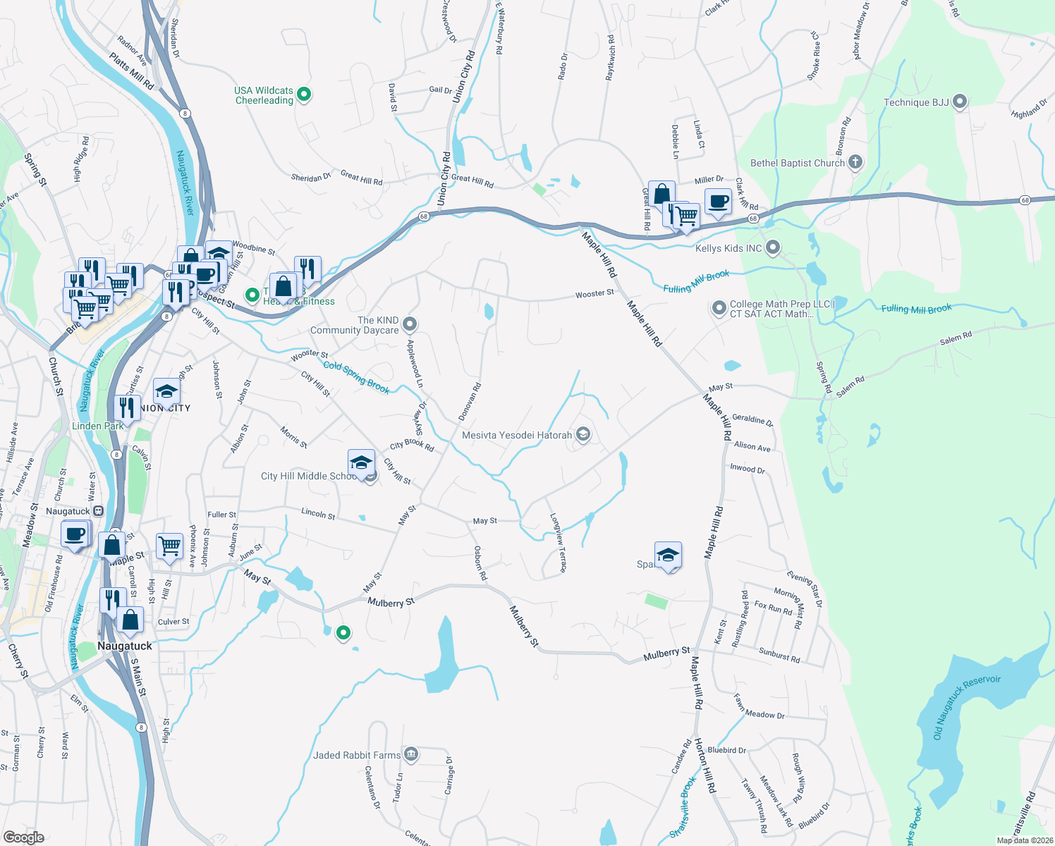 map of restaurants, bars, coffee shops, grocery stores, and more near 40 Country Hollow Road in Naugatuck