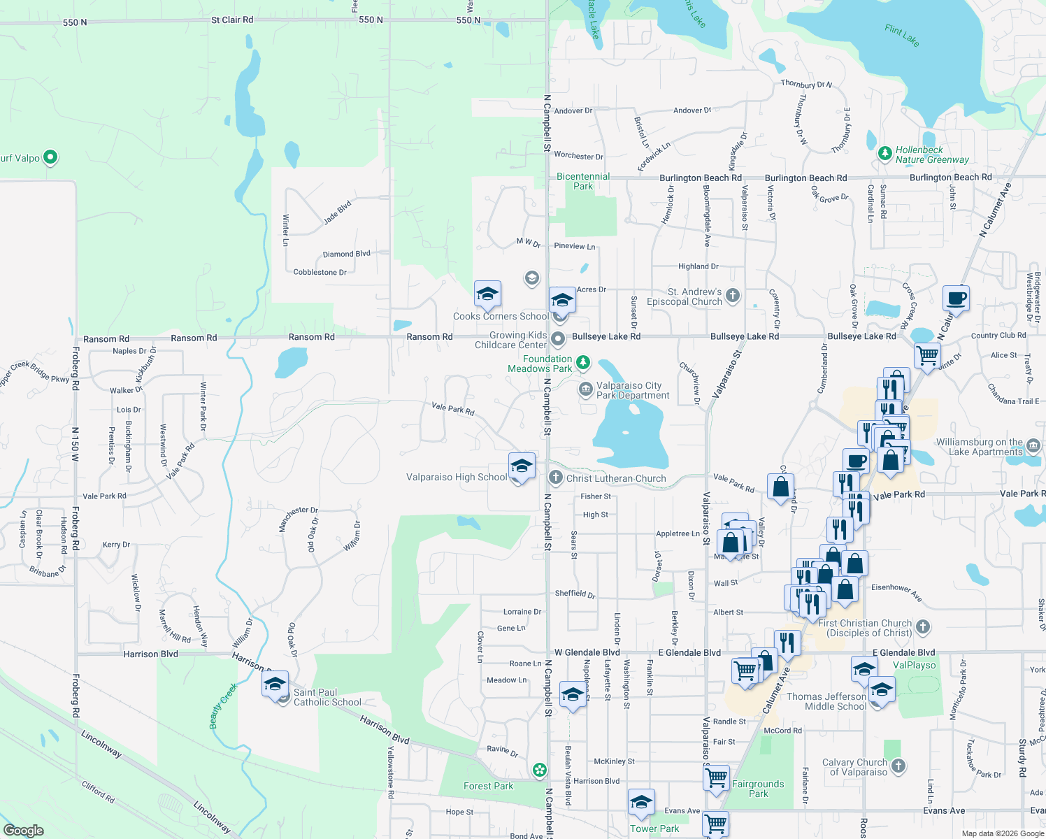 map of restaurants, bars, coffee shops, grocery stores, and more near 558 Lantern Walk in Valparaiso
