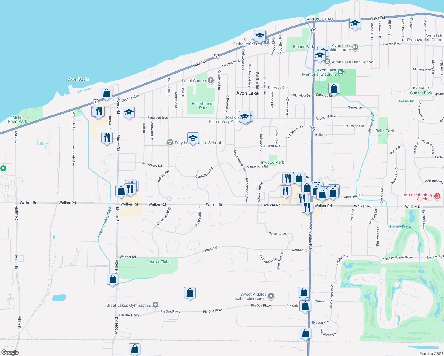map of restaurants, bars, coffee shops, grocery stores, and more near 384 Crestwood Dr in Avon Lake