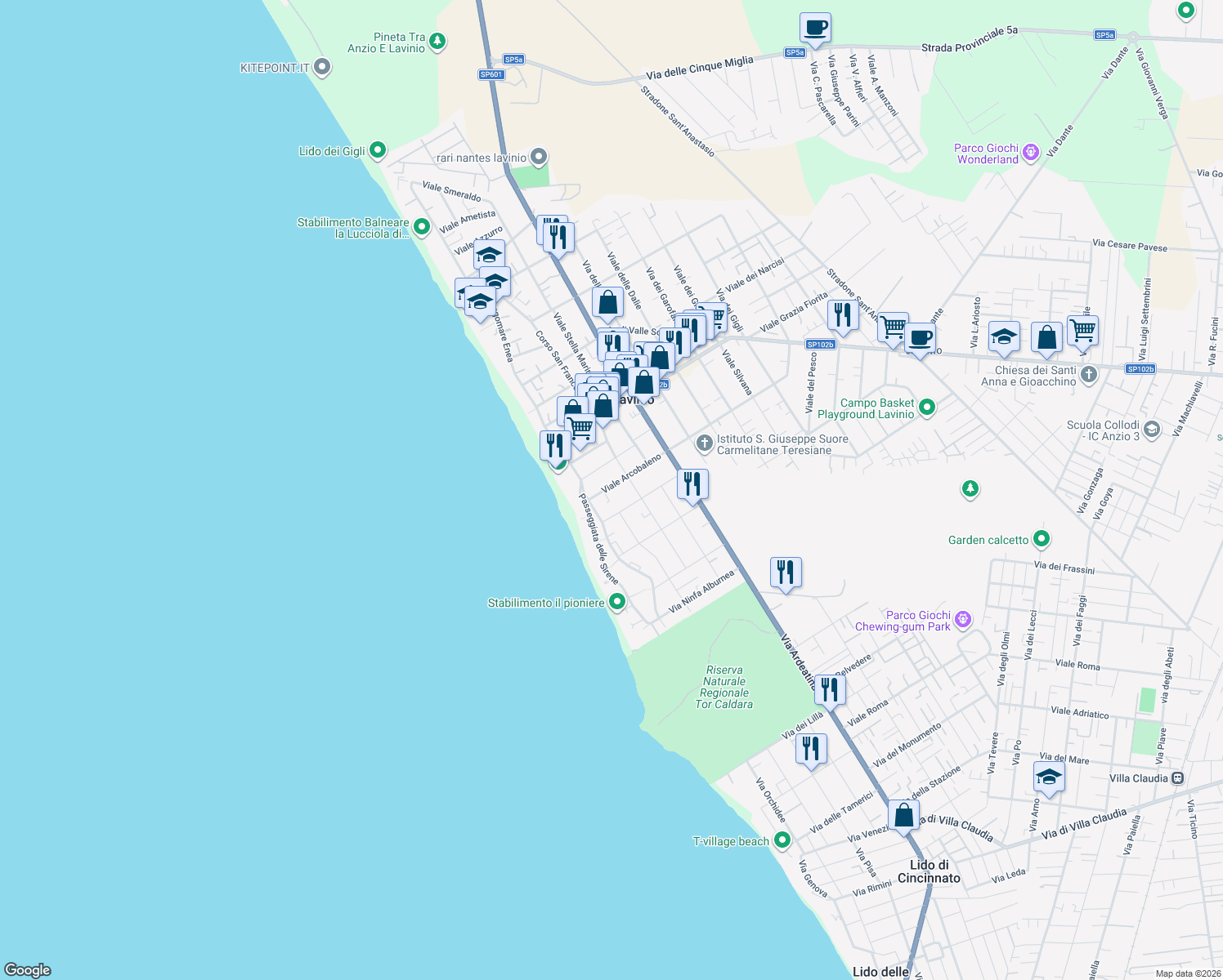 map of restaurants, bars, coffee shops, grocery stores, and more near 59 Via Arcobaleno in Anzio