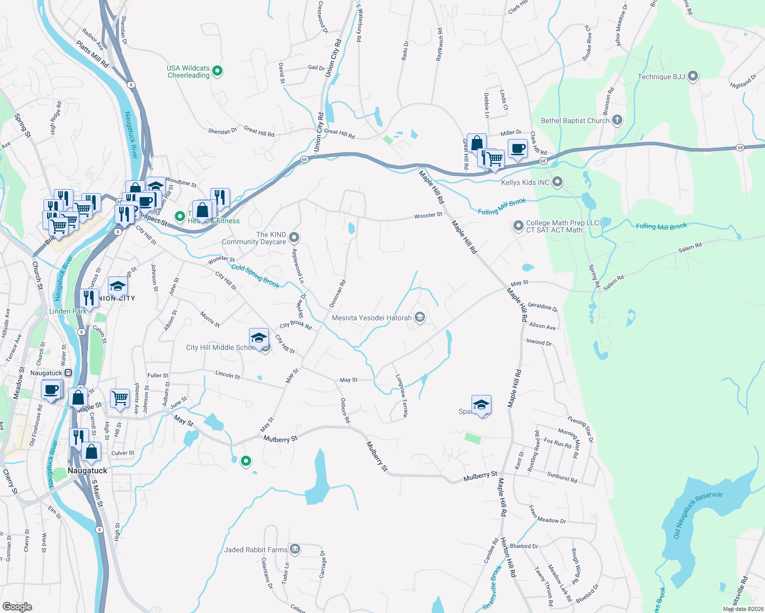 map of restaurants, bars, coffee shops, grocery stores, and more near 40 Country Hollow Road in Naugatuck
