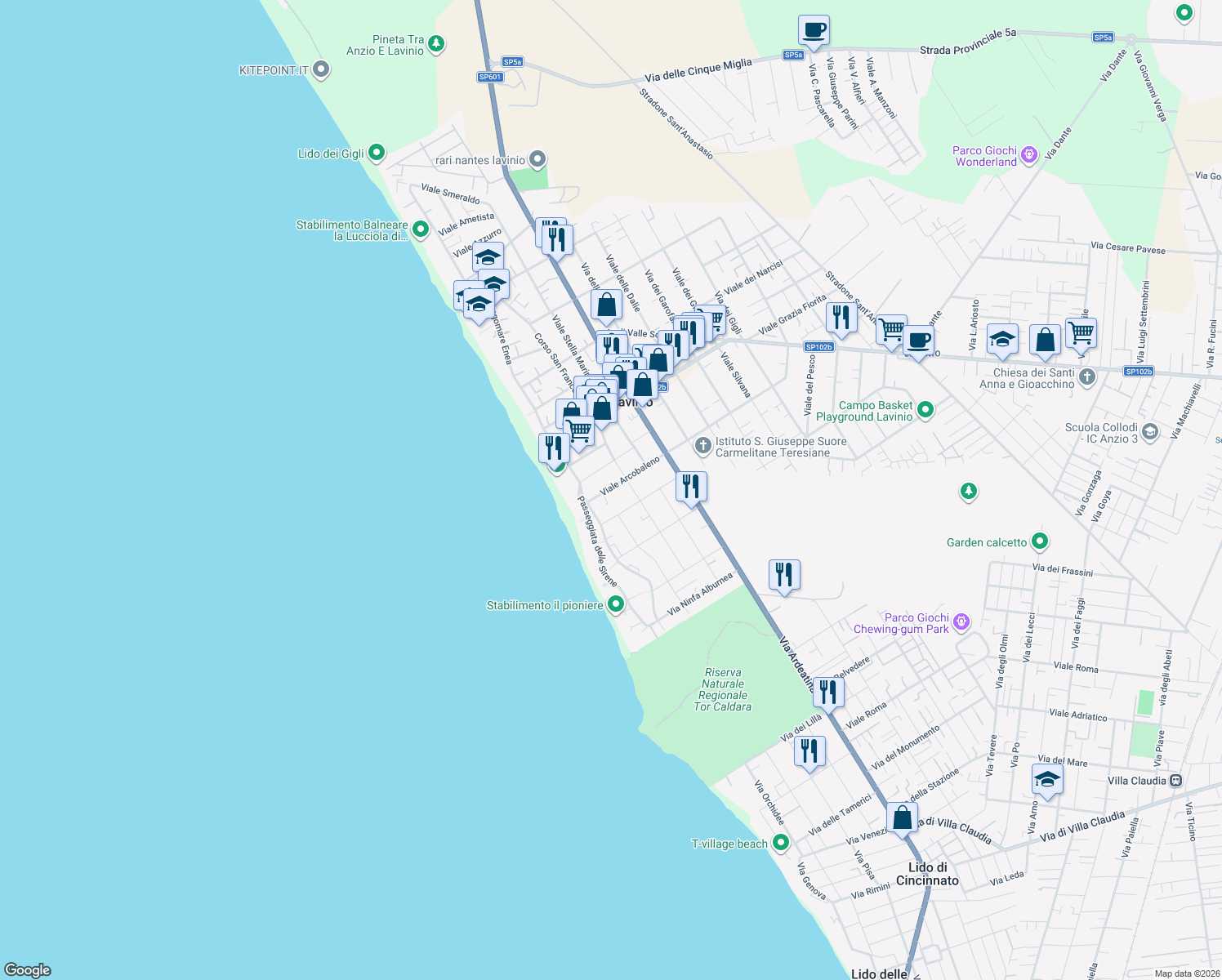 map of restaurants, bars, coffee shops, grocery stores, and more near 59 Via Arcobaleno in Anzio