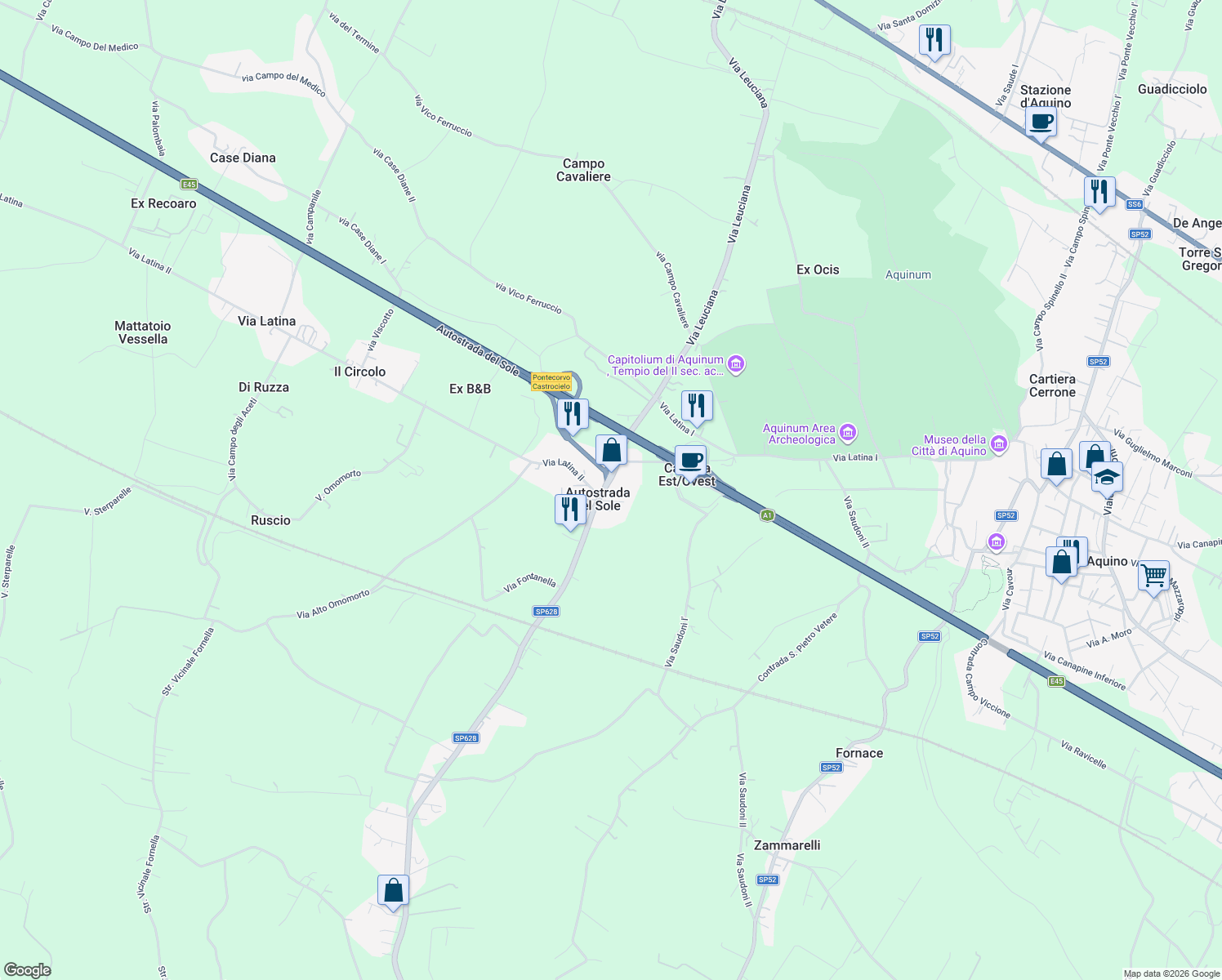 map of restaurants, bars, coffee shops, grocery stores, and more near 49 Via Leuciana in Autostrada del Sole