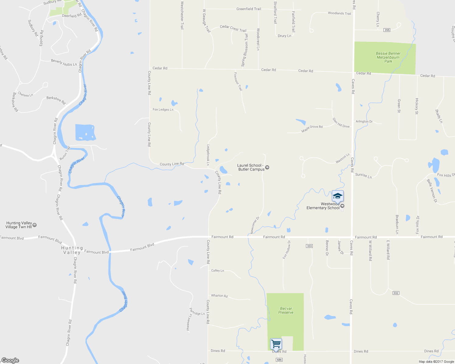 map of restaurants, bars, coffee shops, grocery stores, and more near 13695 County Line Road in Chagrin Falls