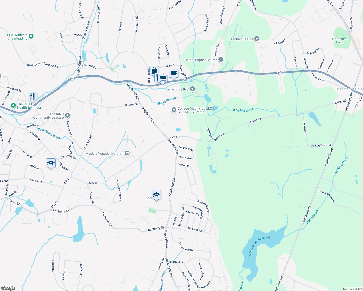 map of restaurants, bars, coffee shops, grocery stores, and more near 41 Geraldine Drive in Naugatuck