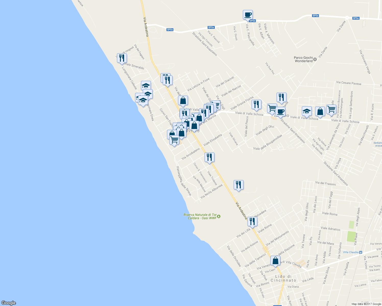 map of restaurants, bars, coffee shops, grocery stores, and more near 36B Via Arcobaleno in Anzio