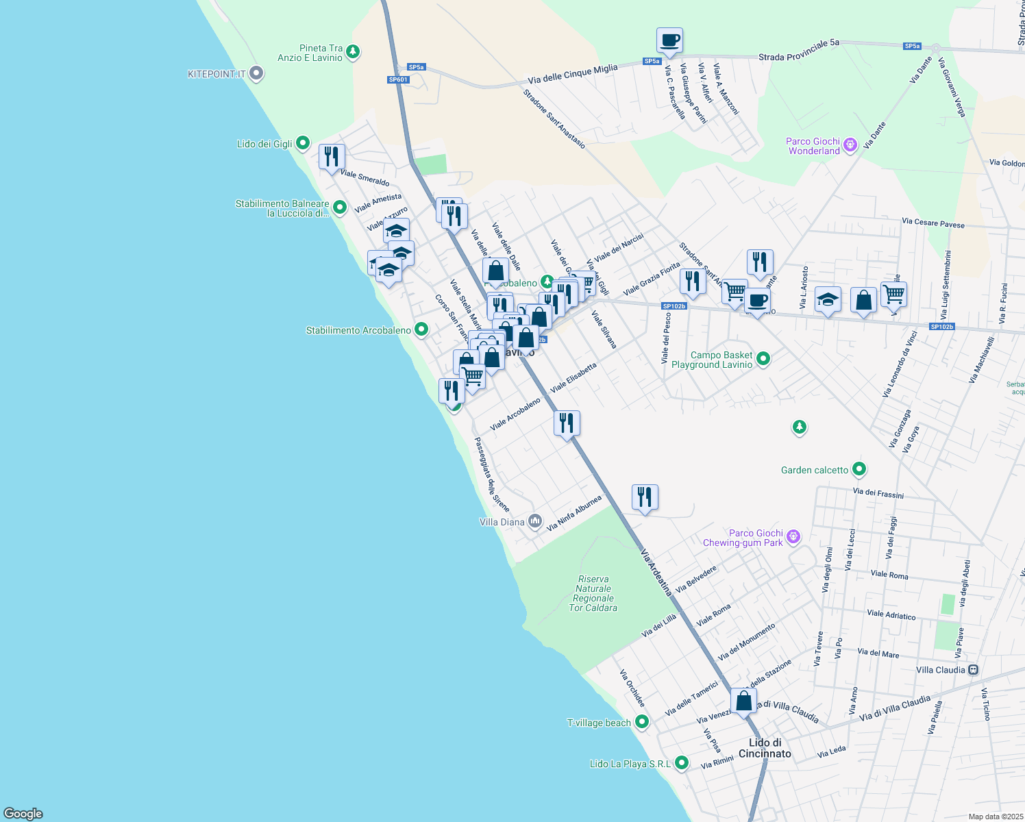 map of restaurants, bars, coffee shops, grocery stores, and more near 36B Via Arcobaleno in Anzio