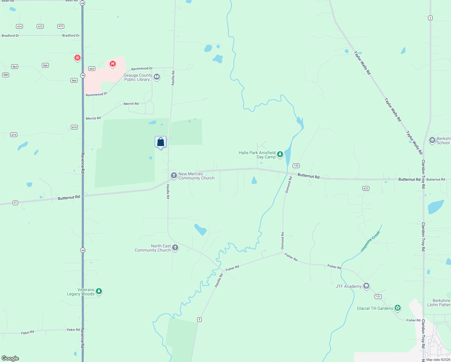 map of restaurants, bars, coffee shops, grocery stores, and more near 13009 Butternut Rd in Burton