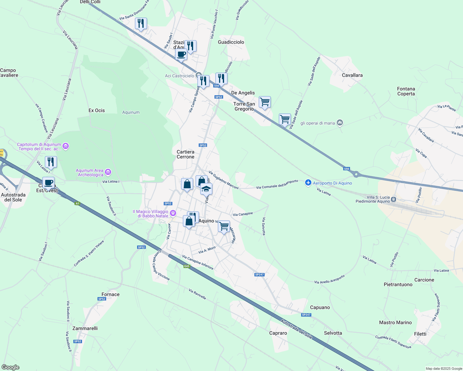 map of restaurants, bars, coffee shops, grocery stores, and more near 23 Via Guglielmo Marconi in Aquino