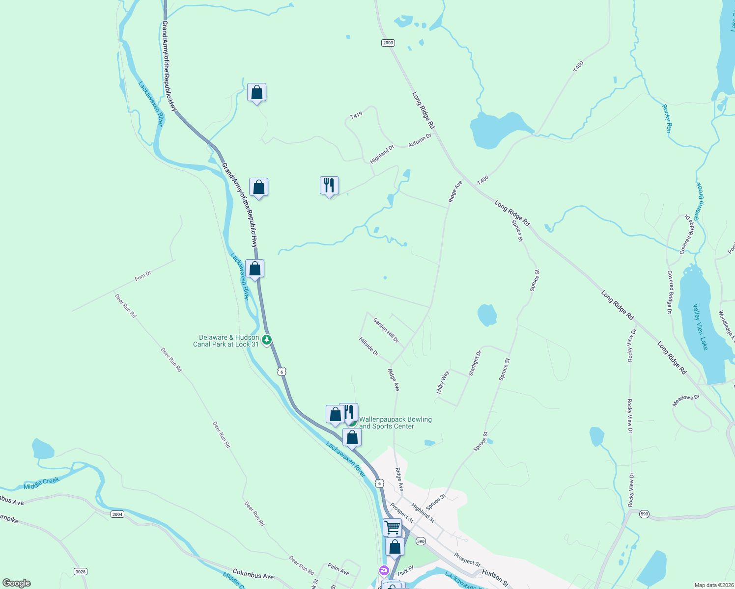 map of restaurants, bars, coffee shops, grocery stores, and more near 59 Slifko Road in Hawley