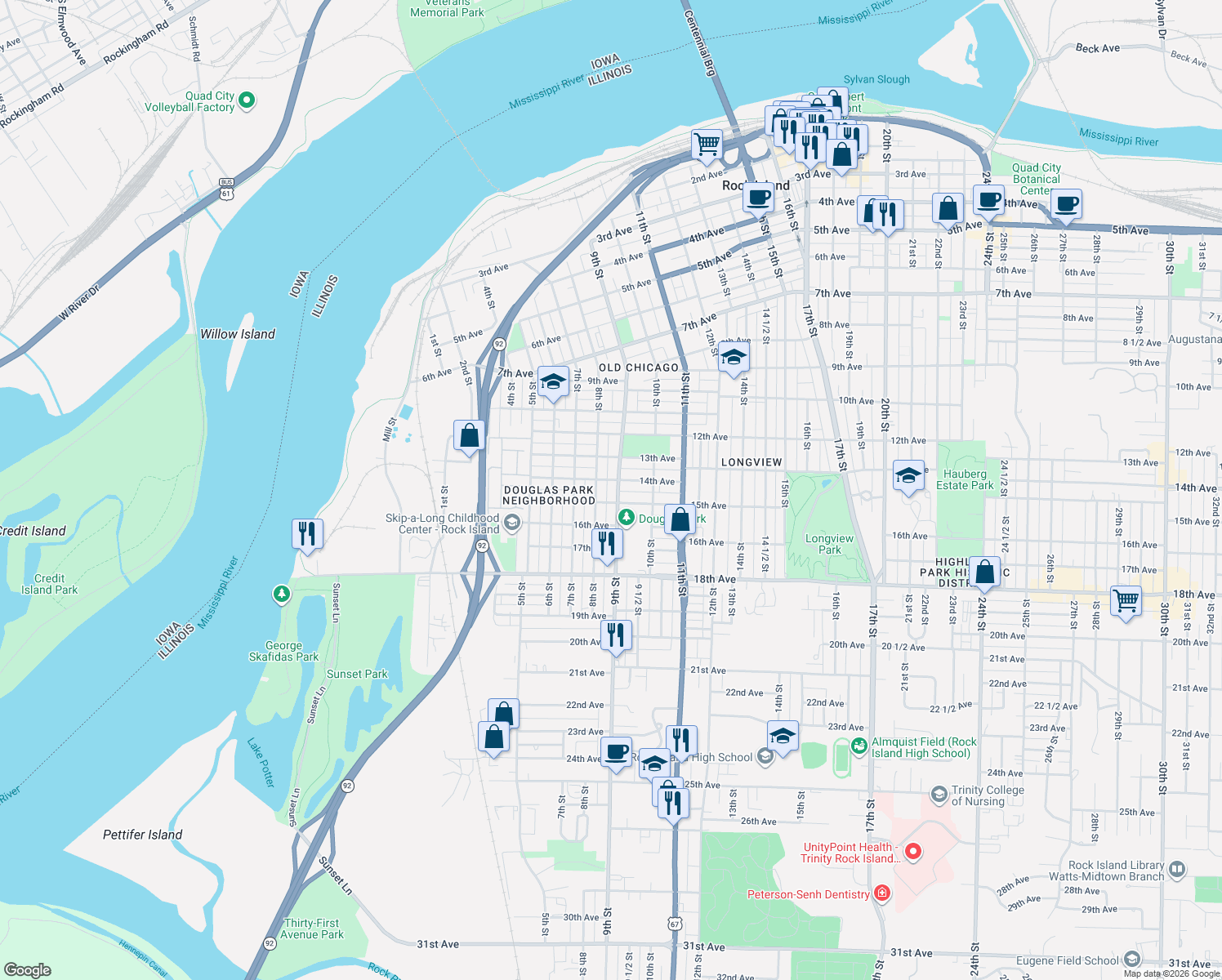 map of restaurants, bars, coffee shops, grocery stores, and more near 1414 9th Street in Rock Island
