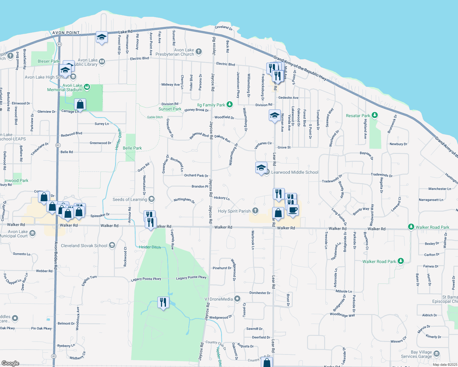 map of restaurants, bars, coffee shops, grocery stores, and more near 379 Sycamore Cir in Avon Lake