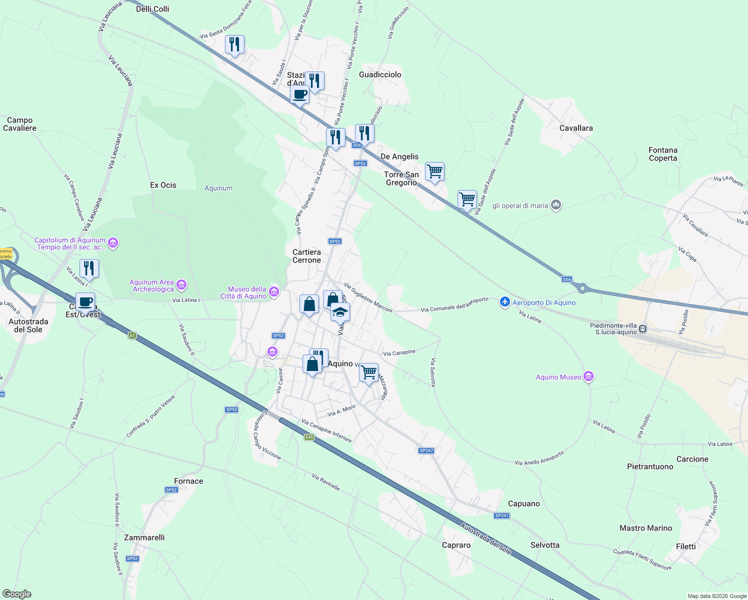 map of restaurants, bars, coffee shops, grocery stores, and more near 23 Via Guglielmo Marconi in Aquino