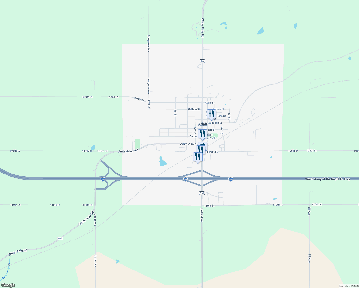 map of restaurants, bars, coffee shops, grocery stores, and more near 798 Anita Adair Rd in Adair