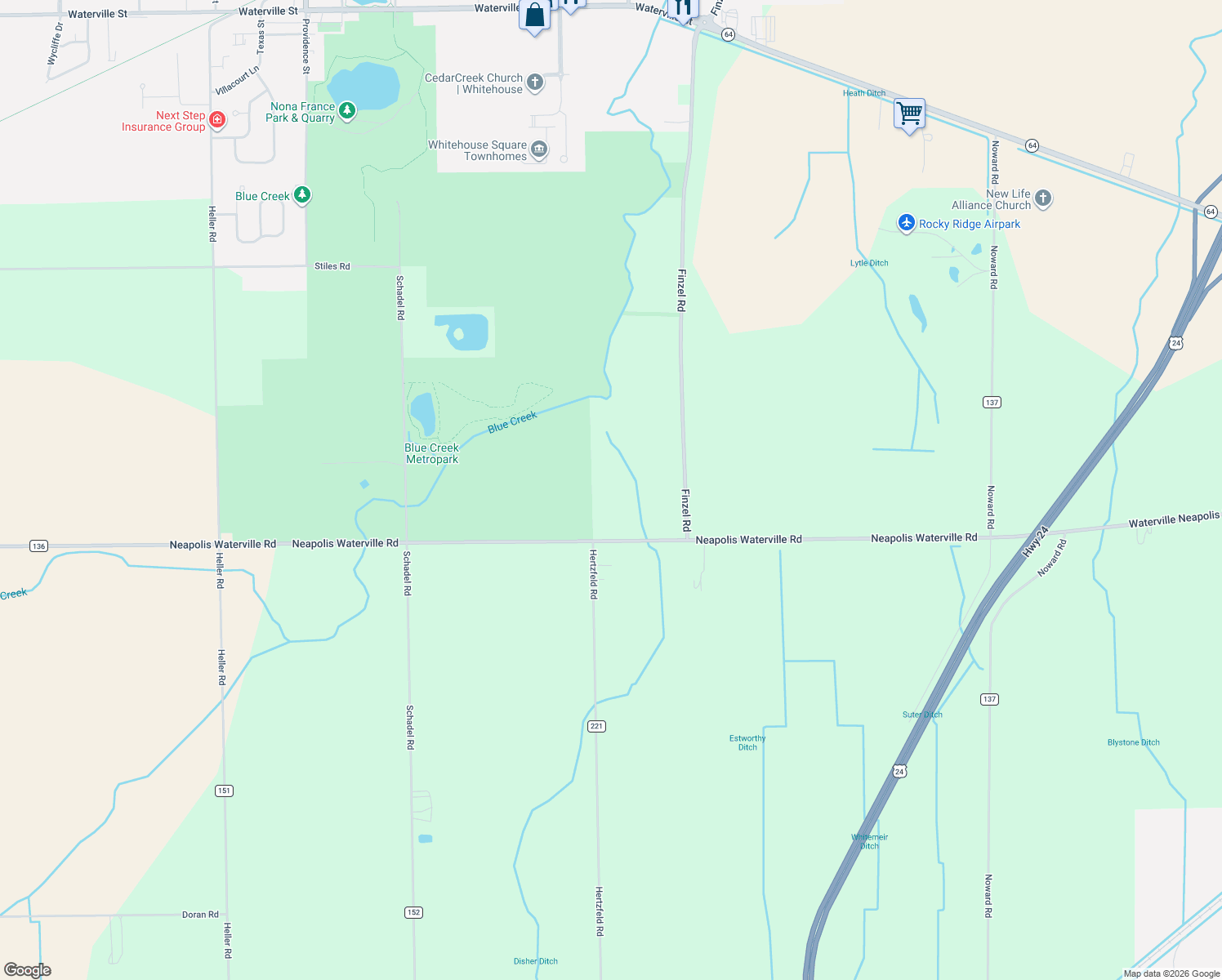 map of restaurants, bars, coffee shops, grocery stores, and more near 10240 Neapolis Waterville Road in Waterville
