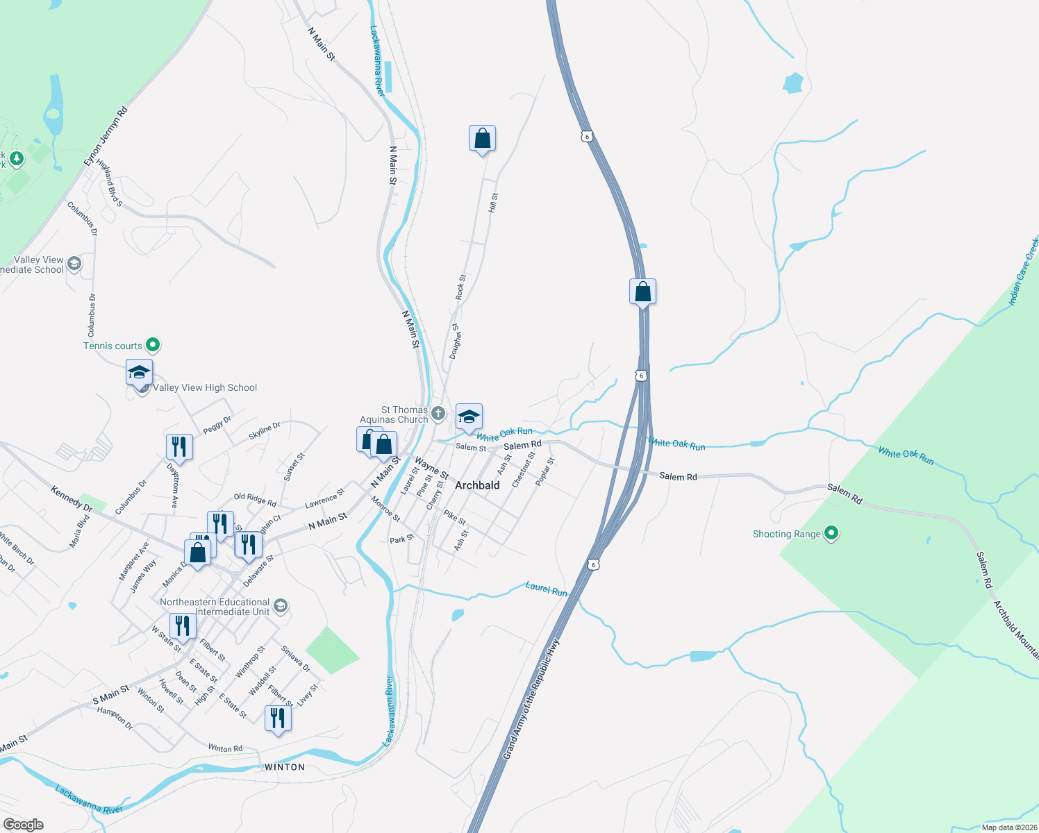 map of restaurants, bars, coffee shops, grocery stores, and more near 601 Goldbutton Street in Archbald