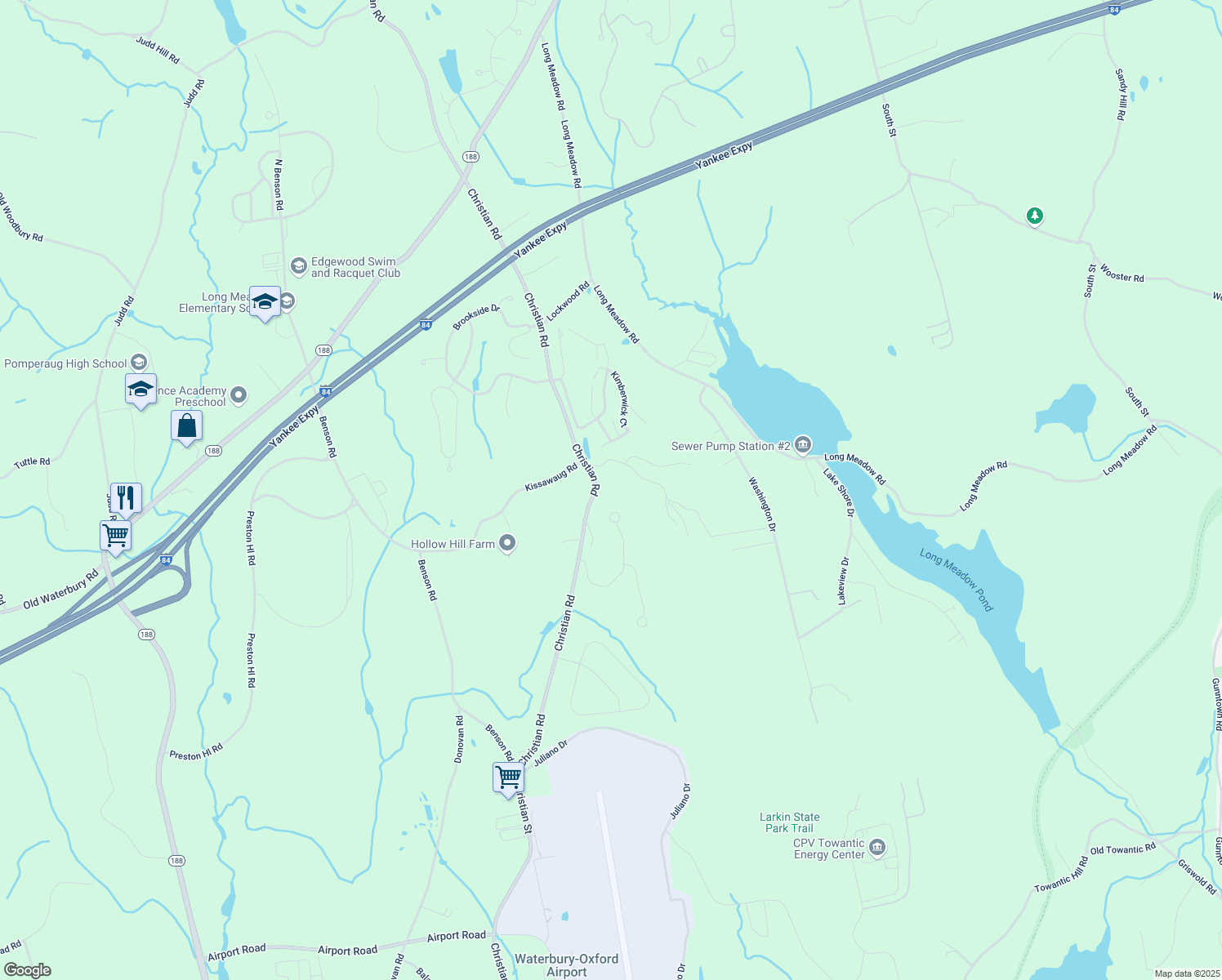 map of restaurants, bars, coffee shops, grocery stores, and more near 1200 Christian Road in Middlebury