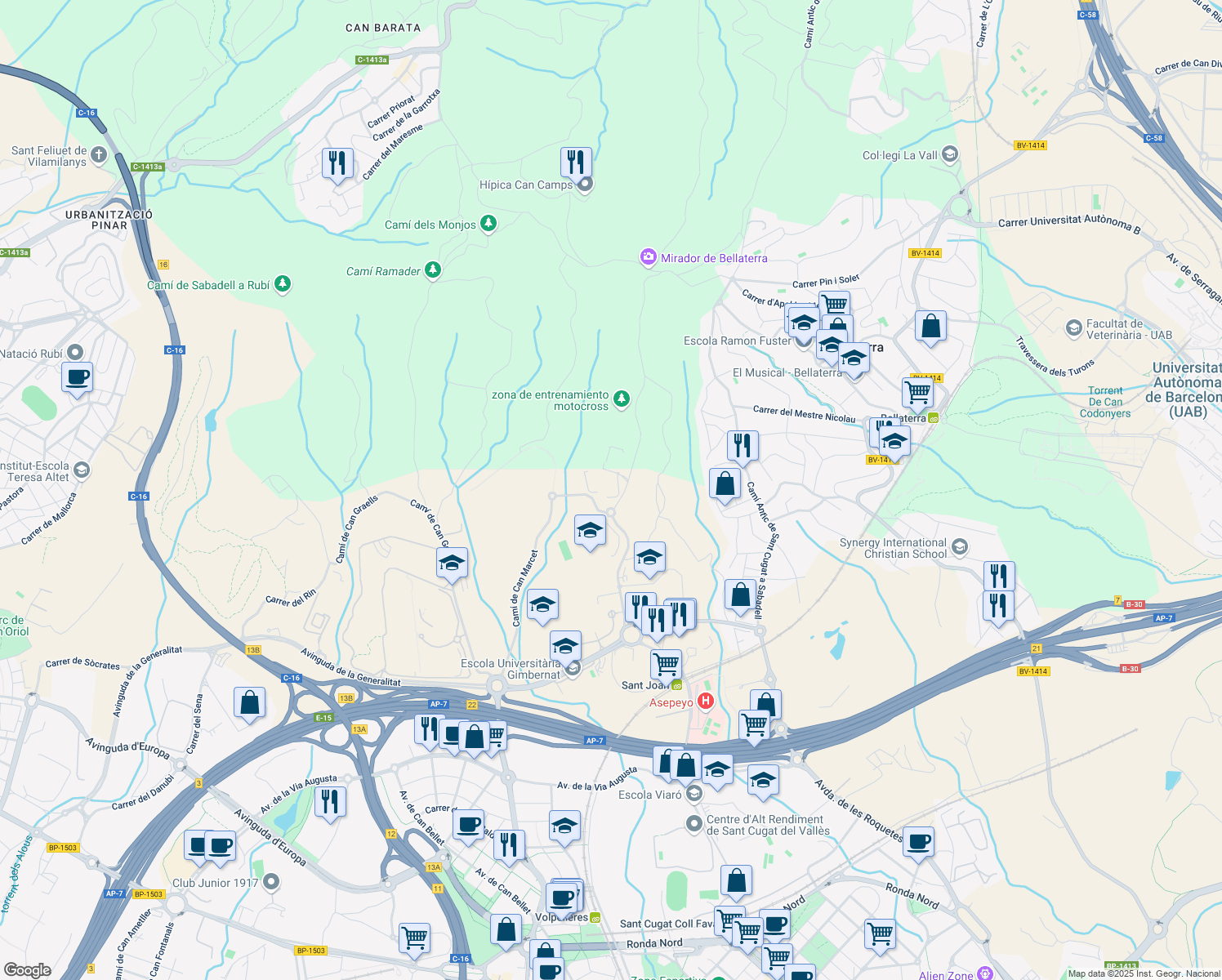 map of restaurants, bars, coffee shops, grocery stores, and more near 19 Camí de Can Camps in Sant Cugat del Vallès