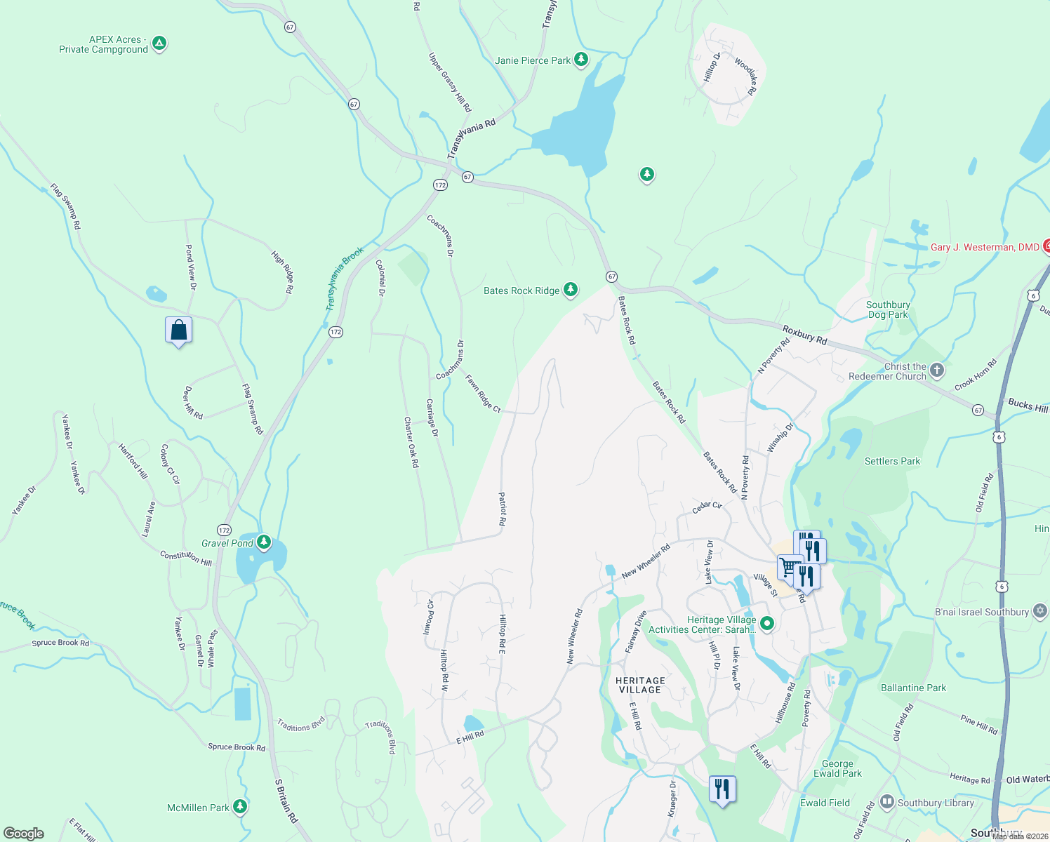 map of restaurants, bars, coffee shops, grocery stores, and more near 352 Patriot Road in Southbury