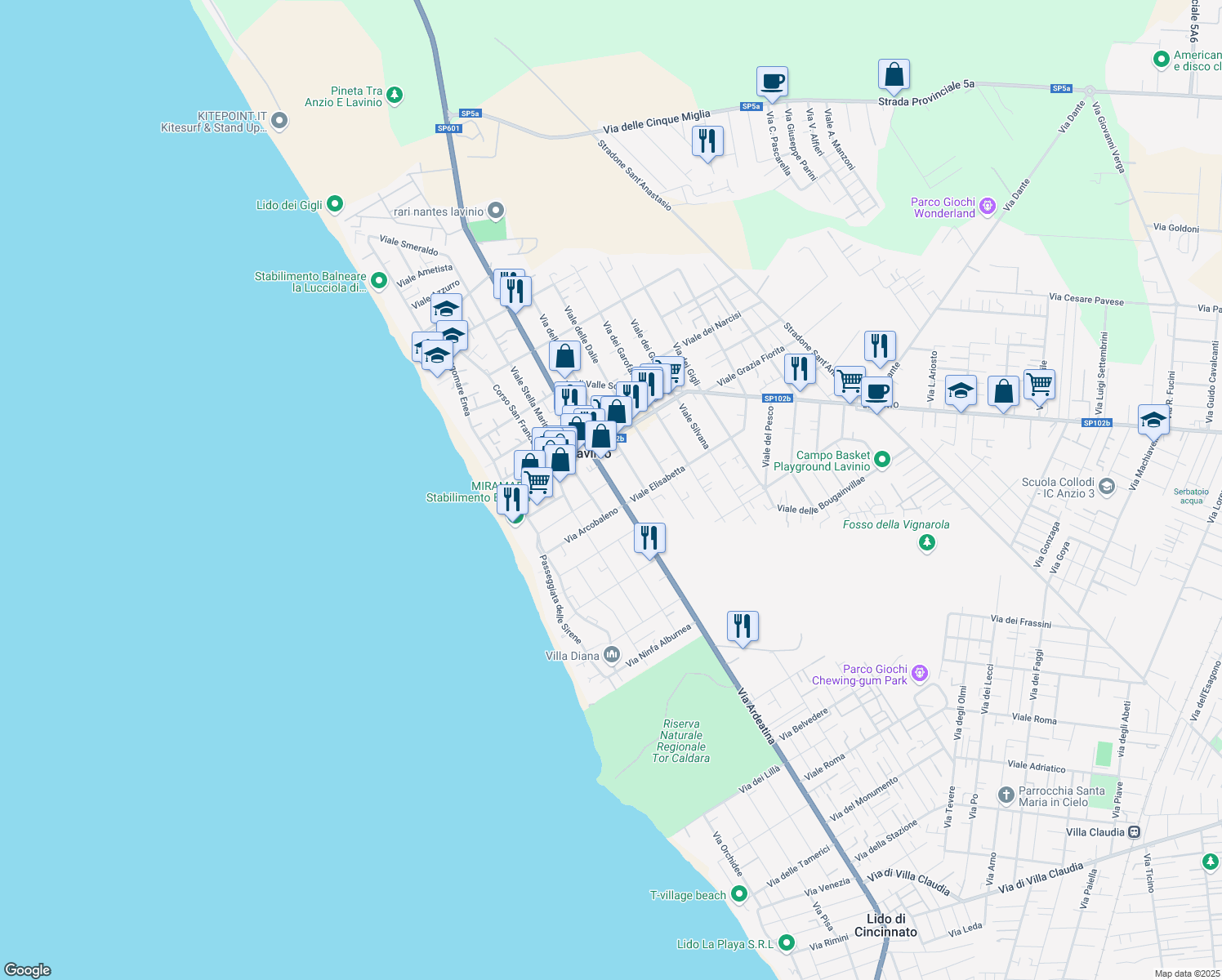 map of restaurants, bars, coffee shops, grocery stores, and more near 99 Via Ardeatina in Anzio