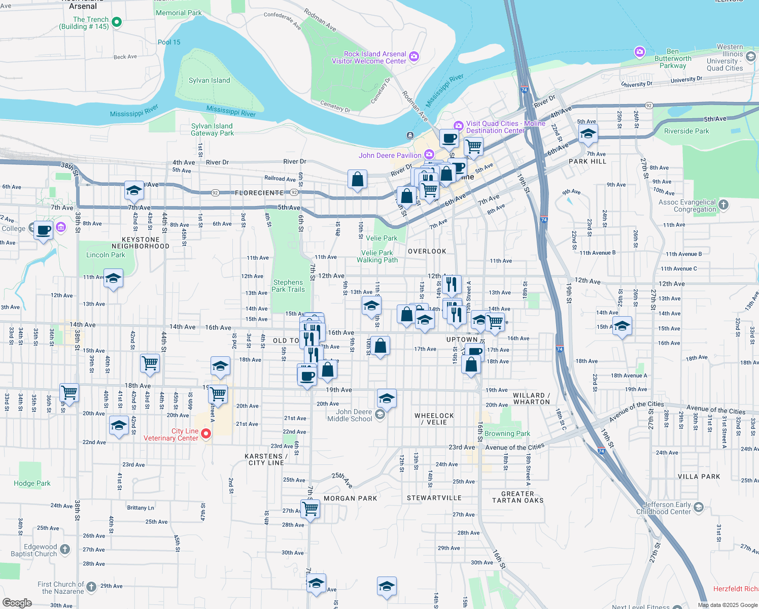 map of restaurants, bars, coffee shops, grocery stores, and more near 1103 14th Avenue in Moline