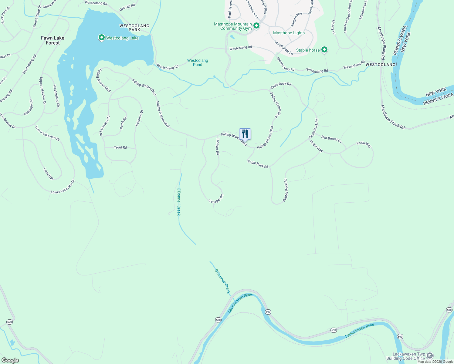 map of restaurants, bars, coffee shops, grocery stores, and more near 523 Peacock Court in Lackawaxen