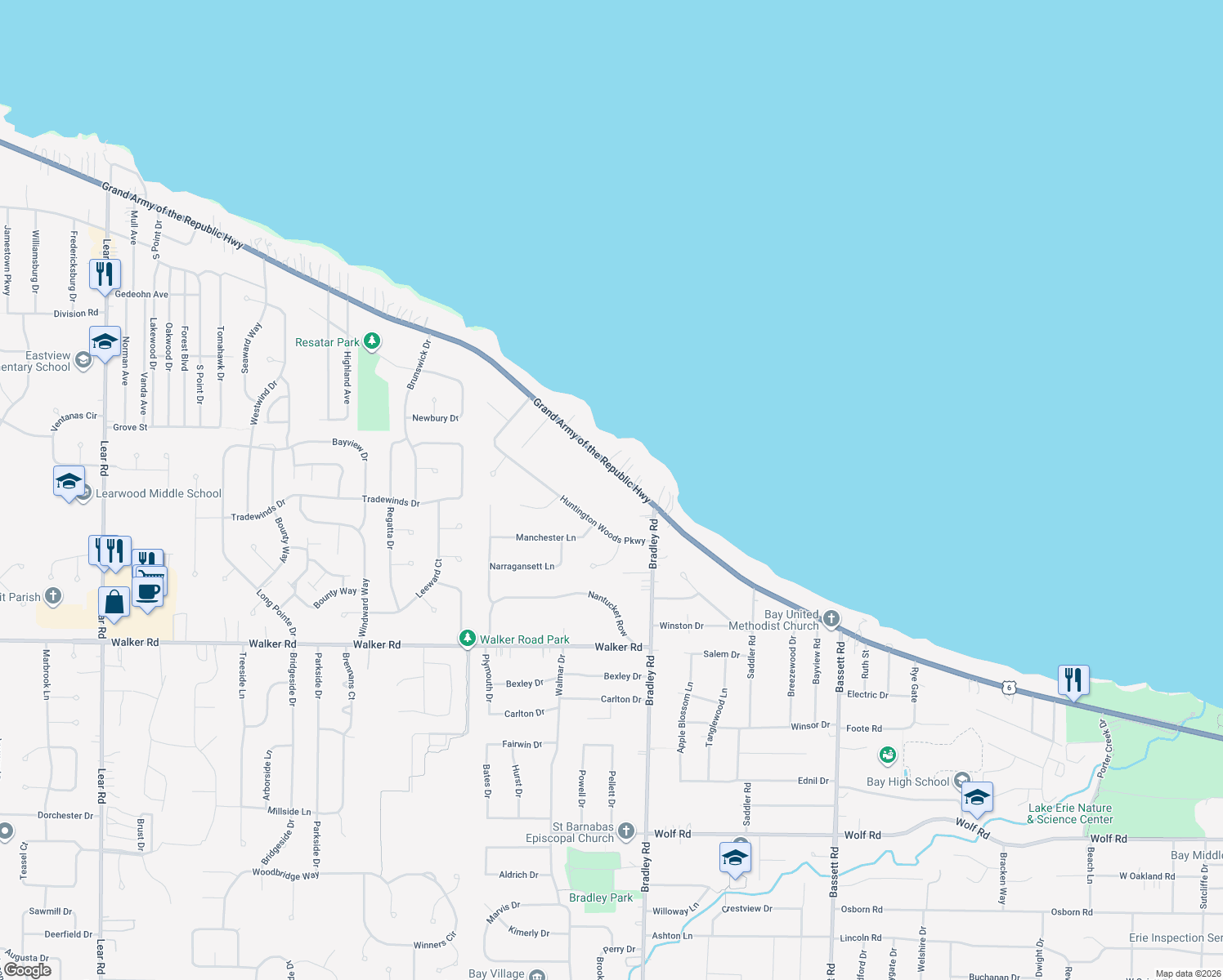 map of restaurants, bars, coffee shops, grocery stores, and more near 30945 Lake Rd in Bay Village