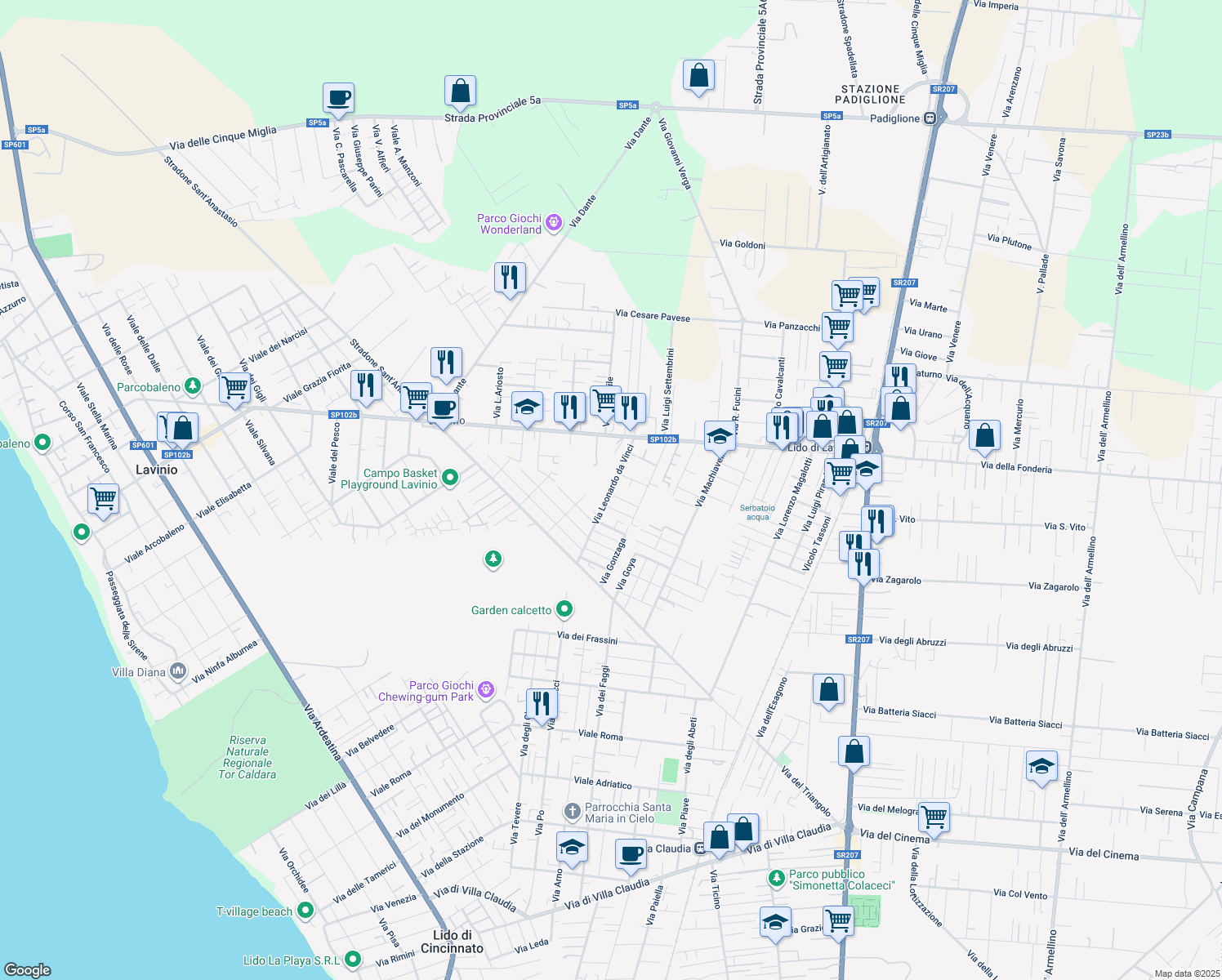map of restaurants, bars, coffee shops, grocery stores, and more near 17A Via Leonardo da Vinci in Anzio