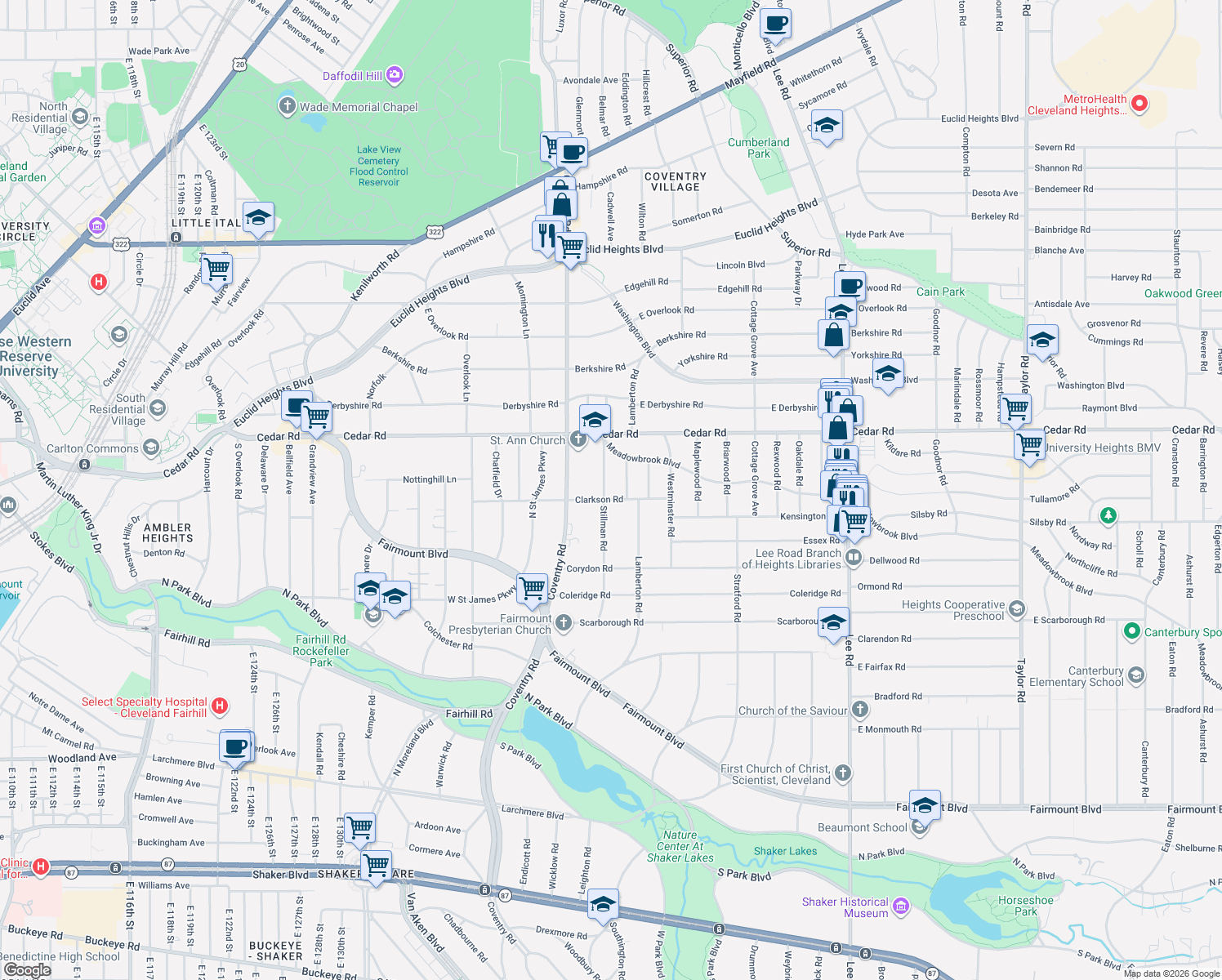 map of restaurants, bars, coffee shops, grocery stores, and more near 2225 Stillman Road in Cleveland Heights