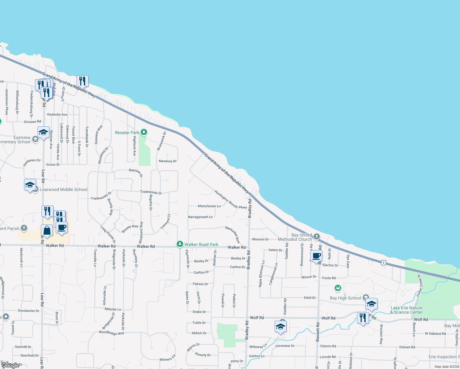 map of restaurants, bars, coffee shops, grocery stores, and more near 31013 Lake Road in Bay Village