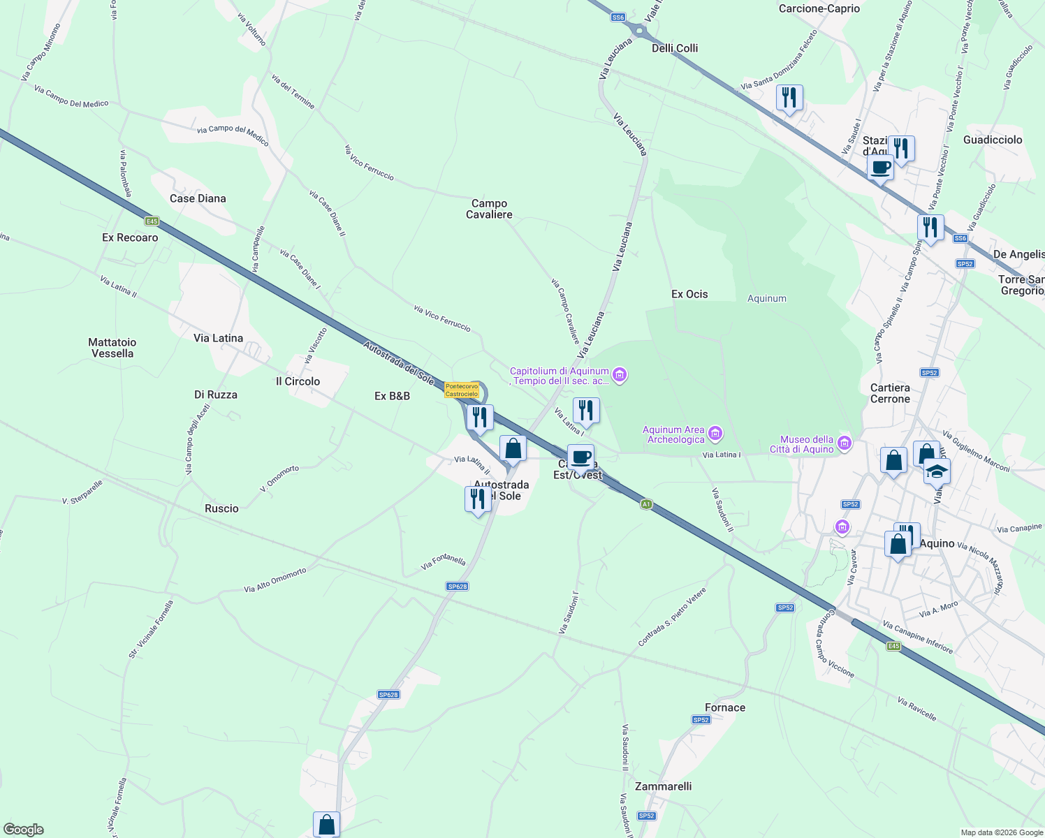 map of restaurants, bars, coffee shops, grocery stores, and more near 49 Via Leuciana in Provincia di Frosinone
