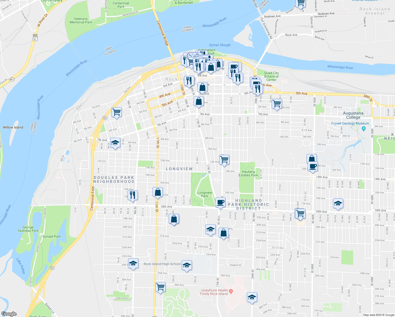 map of restaurants, bars, coffee shops, grocery stores, and more near 16th Street in Rock Island