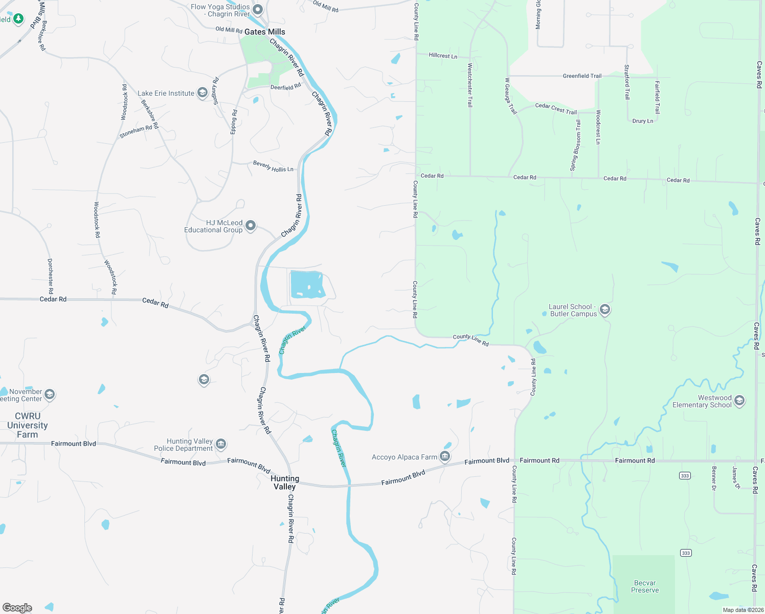 map of restaurants, bars, coffee shops, grocery stores, and more near 13200 County Line Road in Chagrin Falls