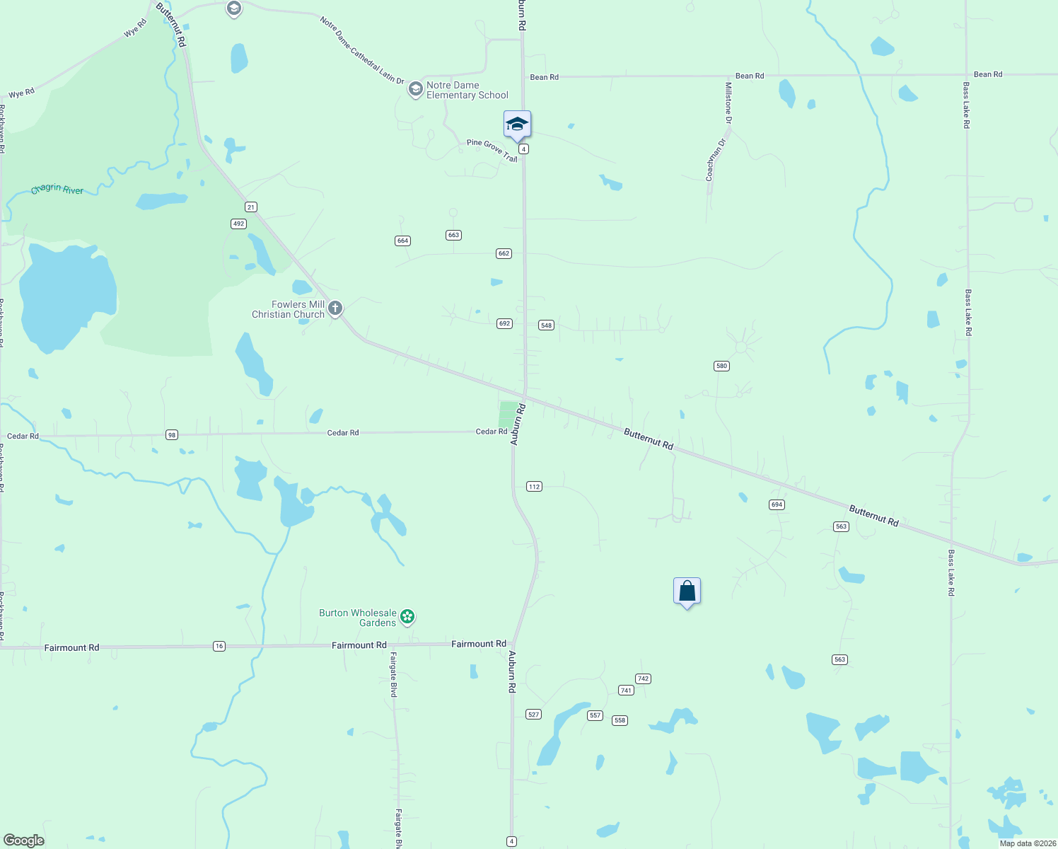 map of restaurants, bars, coffee shops, grocery stores, and more near 13493 Auburn Rd in Chardon