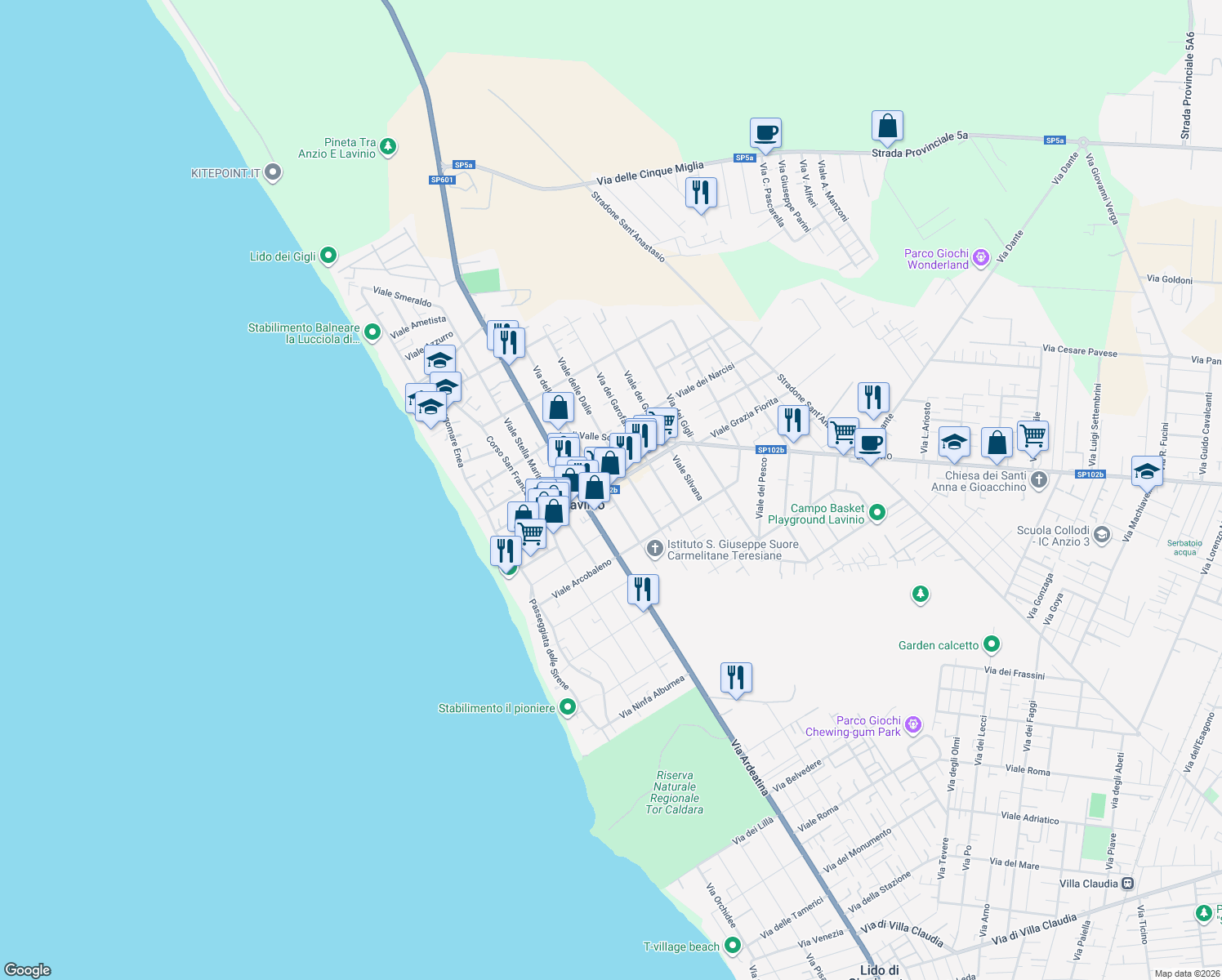 map of restaurants, bars, coffee shops, grocery stores, and more near 26 Viale alla Marina in Anzio