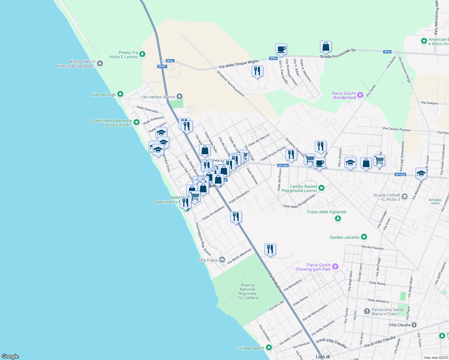 map of restaurants, bars, coffee shops, grocery stores, and more near 26 Viale alla Marina in Anzio