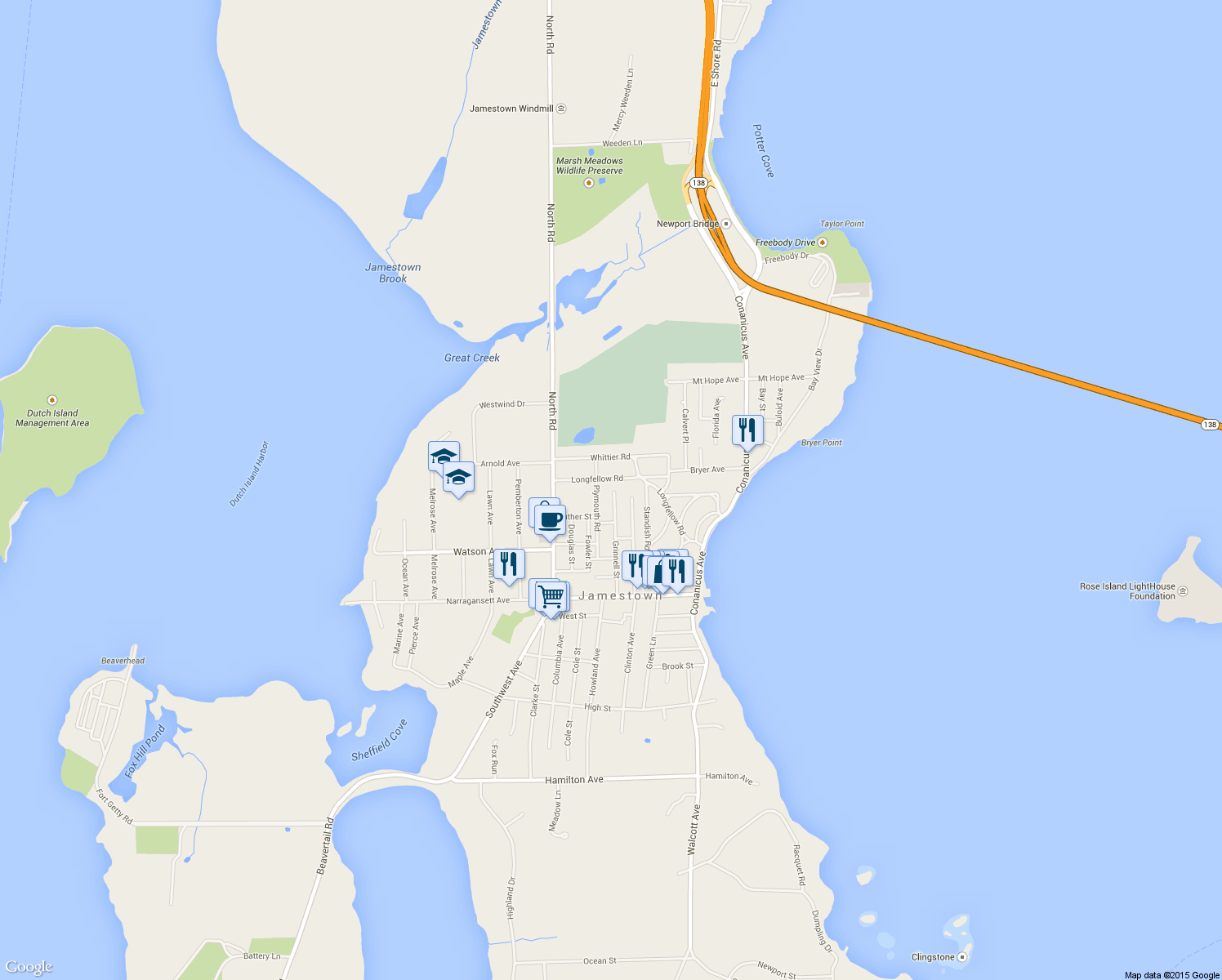 map of restaurants, bars, coffee shops, grocery stores, and more near 75 Grinnell Street in Jamestown